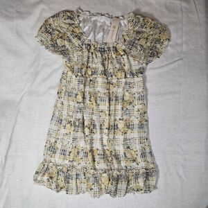 Mini Milkmaid Babydoll Puff Sleeve Dress M Sheer Lace Floral Plaid Twee Yellow